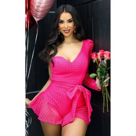 Szín: Rose Red L - Nyári halháló üreges átlátszó strandruha női, egy vállú, hosszú ujjú Boho Vintage magas derekú