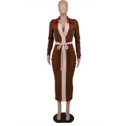 Szín: Kávé XXL - Luxus színes blokk toldott alakformáló ruha női hajtóka nyakú, hosszú ujjú Bodycon ruhák őszi tél
