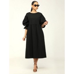 Szín: fekete XXL - Tavasz, nyár női Fit and Flare Maxi ruhák Crewnek Puff Félujjú, Laza Fit Ruha Csípő Magas derekú,