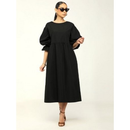 Szín: fekete XXL - Tavasz, nyár női Fit and Flare Maxi ruhák Crewnek Puff Félujjú, Laza Fit Ruha Csípő Magas derekú,