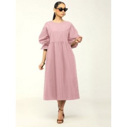 Szín: rózsaszín XXL - Tavasz, nyár női Fit and Flare Maxi ruhák Crewnek Puff Félujjú, Laza Fit Ruha Csípő Magas
