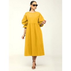 Szín: sárga XXL - Tavasz, nyár női Fit and Flare Maxi ruhák Crewnek Puff Fél ujjú, laza szabású ruha Csípő magas