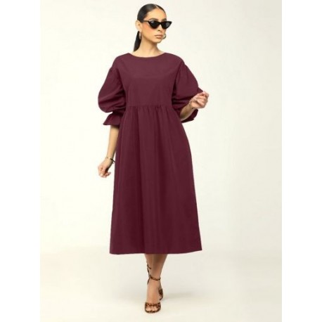 Szín: bordó XXL - Tavasz, nyár női Fit and Flare Maxi ruhák Crewnek Puff Félujjú, Laza Fit Ruha Csípő Magas derekú,