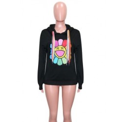 Szín: fekete XL - Rainbow Sun Flower Patchwork Oversize kapucnis Alkalmi női húzózsinóros kapucnis galléros hosszú ujjú
