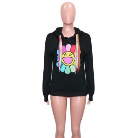 Szín: fekete XL - Rainbow Sun Flower Patchwork Oversize kapucnis Alkalmi női húzózsinóros kapucnis galléros hosszú ujjú