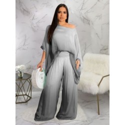 Szín: fekete L - Chiffon Gradient Color 2 kétrészes nadrágszettek Nyári ruhák nőknek egy vállú, hosszú ujjú pulóver