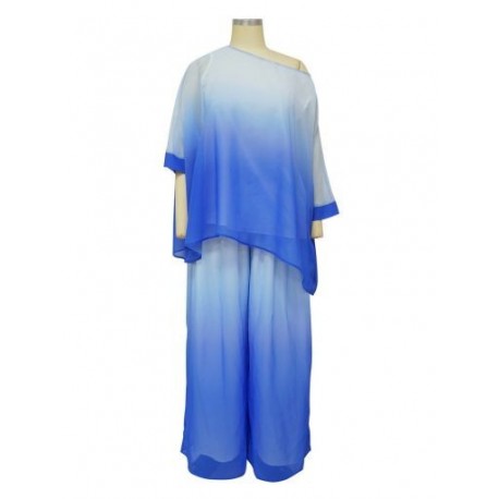 Szín: kék L - Chiffon Gradient Color 2 kétrészes nadrágszettek Nyári ruhák nőknek egy vállú, hosszú ujjú pulóver