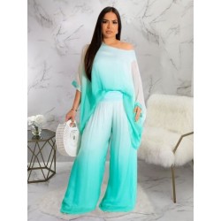 Szín: zöld L - Chiffon Gradient Color 2 kétrészes nadrágszettek Nyári ruhák nőknek egy vállú, hosszú ujjú pulóver