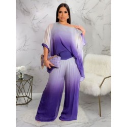 Szín: lila L - Chiffon Gradient Color 2 kétrészes nadrágszettek Nyári ruhák nőknek egy vállú, hosszú ujjú pulóver