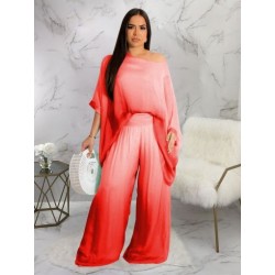 Szín: piros L - Chiffon Gradient Color 2 kétrészes nadrágszettek Nyári ruhák nőknek egy vállú, hosszú ujjú pulóver
