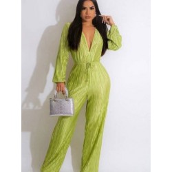 Szín: zöld L - 2023 tavaszi nyár redőzött nadrág Női jumpsuit merülő V nyakkivágással, hosszú ujjú Overall Vintage
