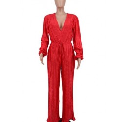 Szín: piros L - 2023 tavaszi nyár redőzött nadrág Női jumpsuit merülő V nyakkivágással, hosszú ujjú Overall Vintage