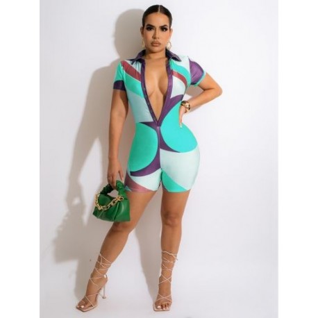 Szín: kék XL - Patchwork Print Skinny Rompers Női Szabadban Dekoltázs Mély V-nyakú rövid ujjú Fásli Ruhák Női Divatos