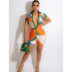 Szín: narancssárga XL - Patchwork Print Skinny Rompers Női Szabadban Dekoltázs Mély V-nyakú rövid ujjú Fásli Ruhák