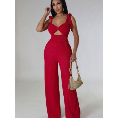 Szín: piros XXL - Elegáns női, ruched boho party jumpsuit, szexi dekoltázs, camisole széles lábú overál Nyári