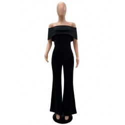 Szín: fekete M - Vállon kívüli nadrág Női Jumpsuit Elegáns, slash nyakú, magas derékú, széles lábú overallok
