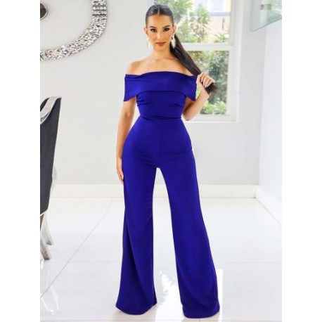 Szín: kék M - Vállon kívüli nadrág Női Jumpsuit Elegáns, slash nyakú, magas derékú, széles lábú overallok Elegáns