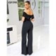 Szín: kék M - Vállon kívüli nadrág Női Jumpsuit Elegáns, slash nyakú, magas derékú, széles lábú overallok Elegáns