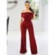 Szín: kék M - Vállon kívüli nadrág Női Jumpsuit Elegáns, slash nyakú, magas derékú, széles lábú overallok Elegáns