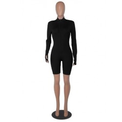 Szín: fekete XXL - Activewear rugalmas, bordázott, vékony egyrészes játszóruhák, alkalmi, álló gallér, cipzárral