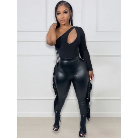 Szín: fekete L - Női PU műbőr elasztikus magas derekú vékony ceruza leggings őszi tél kétoldalas bojt Patchwork Bodycon