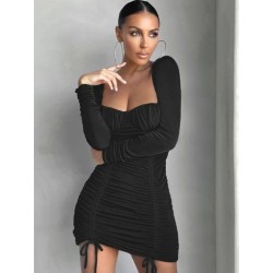 Szín: fekete L - Elegáns divatos női ruched Bodycon mini ruha szexi szögletes galléros hosszú ujjú koktélruhák éjféli