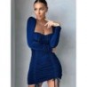 Szín: kék L - Elegáns divatos női ruched Bodycon mini ruha szexi szögletes galléros hosszú ujjú koktélruhák éjféli
