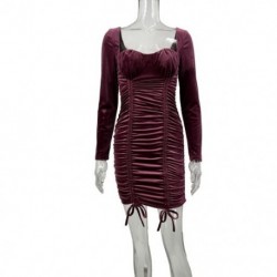 Szín: Burgundy L - Elegáns divatos női ruched Bodycon mini ruha szexi szögletes galléros hosszú ujjú koktélruhák