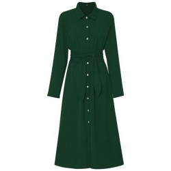 Szín: sötétzöld M - Elegáns divatos női egyenes ing ruhák Egyszerű lehajtható galléros hosszú ujjú Vestidos elegáns