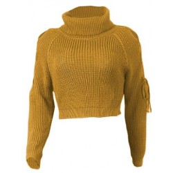 Szín: sárga M - Őszi-téli tömör kötött, vaskos női pulóver garbó nyakú, kivágott, hosszú ujjú Crop jumper alkalmi