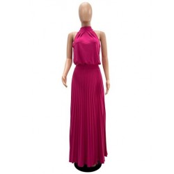 Szín: Rose Red L - Vintage, magas derekú, redőzött, földig érő ruha, női retro váll nélküli, hát nélküli ruhák