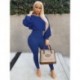 Szín: kék XXL - Bordázott, kötött női kétrészes nadrágkosztüm Lámpás hosszú ujjú, derék alakú pulóver felsők