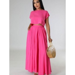 Szín: Rose XL - Stílusos női szoknya szettek Vintage kerek nyakú rövid ujjú bő pulóver és magas derekú nagy lengő