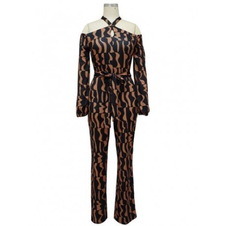Szín: kávé XL - Esztétikus nyomtatás Elegáns nadrágos női jumpsuit hideg váll hosszú ujjú egyrészes overál Vintage