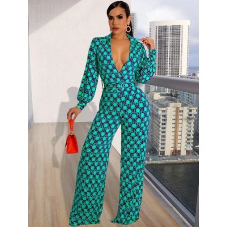 Szín: kék L - Lenyűgöző nyomtatású Bodycon széles lábú jumpsuit lányoknak póló nyakú teljes ujjú egyrészes