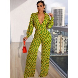 Szín: sárga L - Lenyűgöző nyomtatású Bodycon széles lábú jumpsuit lányoknak póló nyakú teljes ujjú egyrészes