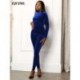 Szín: kék L - Vintage Solid Velvet Rompers Női Jumpsuit Csípő Magas Nyakú, Hosszú ujjú Party Body őszi Téli Női