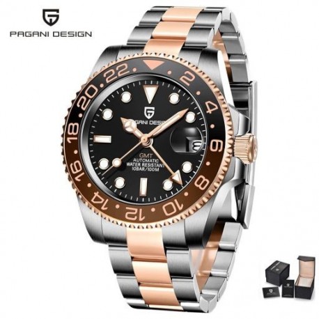 Szín: Rose gold - PAGANI DESIGN luxus GMT férfi mechanikus karóra Zafír üveg rozsdamentes acél 100M vízálló automata
