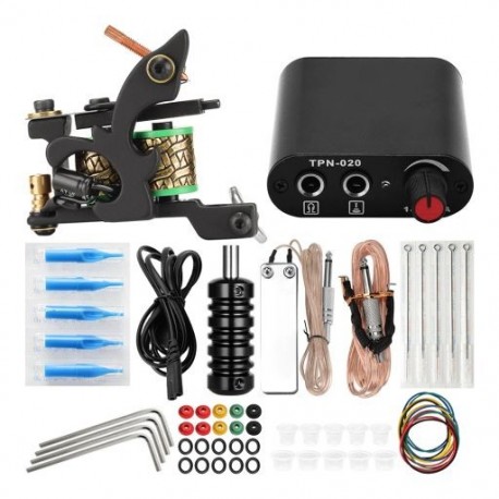Szín: Tattoo Kit - Tetováló készlet Komplett tetováló készlet gépek pisztoly fekete tintakészlet tápegység fogantyúk