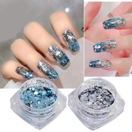 2 doboz Körömdíszítés Köröm csillogó pehely Nail Art flitterek Spangles Sparkly Női Köröm Glitter Pelyhek Manikűr