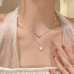 Fém színe: D - Luxus Designer Elegáns Gyöngygyöngy Nyaklánc Női Divat Strasszos Kagyló Szívfüggő Nyaklánc Choker