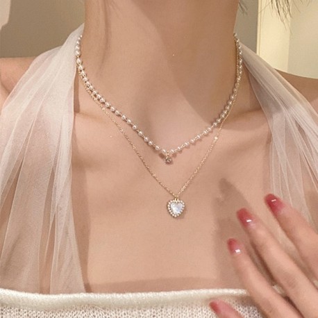 Fém színe: D - Luxus Designer Elegáns Gyöngygyöngy Nyaklánc Női Divat Strasszos Kagyló Szívfüggő Nyaklánc Choker