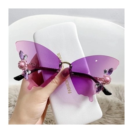 Lencsék színe: szürke és kék - Luxus Designer keret nélküli kristály pillangós napszemüvegek Vintage márkájú