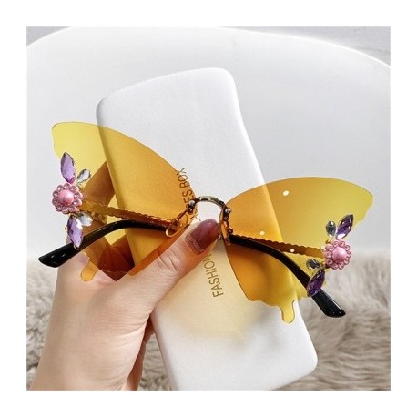 Lencsék színe: Gradiens sárga - Luxus Designer keret nélküli kristály pillangós napszemüvegek Vintage márkájú ernyők