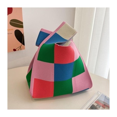 Szín: rózsaszín zöld - Aranyos pöttyös kötött kézitáska női mini csomós csuklótáska Hordozható alkalmi sétáló