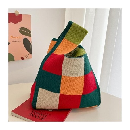 Szín: sötétzöld sárga - Aranyos pöttyös kötött kézitáska női mini csomós csuklótáska Hordozható alkalmi