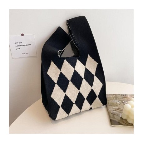 Szín: Diamond Check Black - Aranyos pöttyös kötött kézitáska női mini csomós csuklótáska Hordozható alkalmi