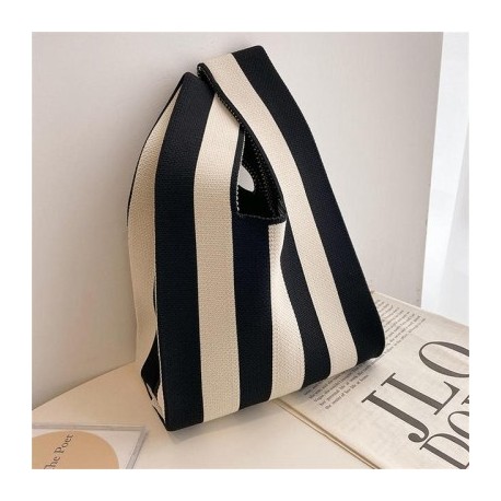 Szín: csíkos fekete - Aranyos pöttyös kötött kézitáska női mini csomós csuklótáska Hordozható alkalmi sétáló