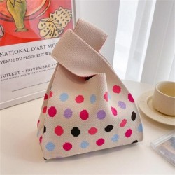 Szín: B-beige - Aranyos pöttyös kötött kézitáska női mini csomós csuklótáska Hordozható alkalmi sétáló négyzetes