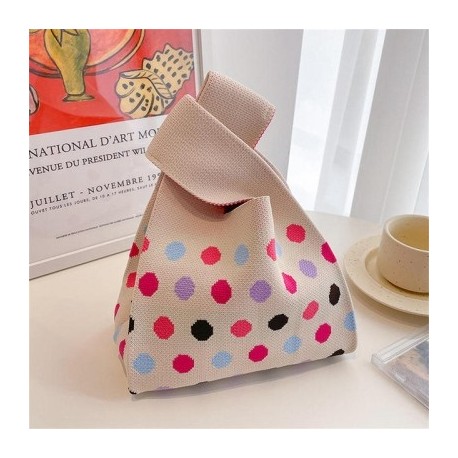 Szín: B-beige - Aranyos pöttyös kötött kézitáska női mini csomós csuklótáska Hordozható alkalmi sétáló négyzetes